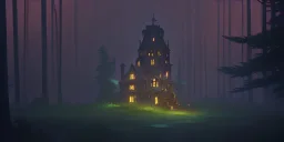 Ruined abandoned overgrown small castle tower in a dense coniferous forest, night, misty, atmospheric, fireflies