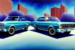 a true-to-life 1967 Ford Falcon XR GT, centered, intricate, extreme detailed, photorealism, center view, city background, pivot on ford, pen and color marker, painting by cheryl kelley