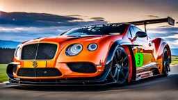 A sleek (((bentley gt3))), its glossy shell reflecting the (((bright sun))), cutting through a (((clear bright blue morning sky)))