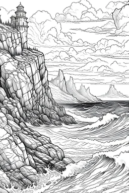 owering cliffs overlooking a vast expanse of ocean, waves crashing against the rocky shore below, Coloring book, no color, more white, fantasy style, please perfect hands