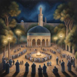 Hyper Realistic Painting of areal view of Palestinian men worshipping outside Al-Aqsa Mosque between a beautiful garden at night with celebration lights