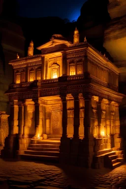una construcción pequeña iluminada debajo de la tierra, y lujosamente engalanada de ornamentos de oro parecida a un templo de la ciudad de Petra