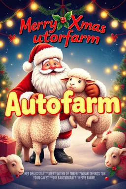 "Design a 1990s-style movie poster featuring a heartwarming and humorous romance between a jolly Santa Claus and a charming, fluffy sheep. Capture the lighthearted, feel-good spirit of a classic rom-com. Display 'Merry Xmas Autofarm' prominently in playful, festive letters, surrounded by warm Christmas lights, mistletoe, and holiday decorations. Use bright, cheerful colors and whimsical design elements to evoke a sense of retro holiday magic and romantic comedy fun. Include scenes of Santa