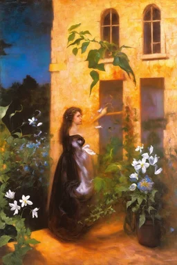 Night, One woman, flowers, vegetations, gothic horror films influence, creepy, depressive, gloomy, witch influence, arnold bocklin, and henry fuseli paintings