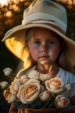 A little girl from Russia at the age of 7 years holds a lot of roses and puts them on her face, and she wears a white Bucket Hat, she puts the roses in front of her face, so her face does not appear, so her face does not appear,(Many Flowers: 1.2), Soft Light, Golden Hour, Upper Body, HDR, 8k, Natural Skin Texture, AO, Intricate, Highly Detailed, Sharp Focus, Crazy Detail, Intricate Detail, Highly Detailed ,The girl looked down