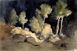 night, rocks, trees, mountains, john singer sargent watercolor paintings