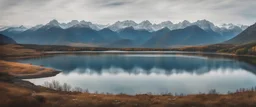 a lake in the distance, mountains, panorama