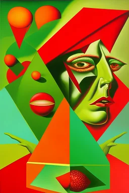 The 1970's American surreal Moral outrage; Cubism; poppy red, harvest gold, and avocado green