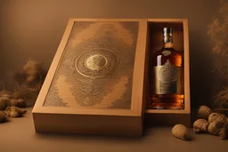 A stunningly designed bottle of ALMIRO FISTIKI brand whiskey, nestled within a luxurious wooden box. The label on the bottle is crafted with intricate gold foil lettering, adorned with intriguing symbols and ornate patterns.