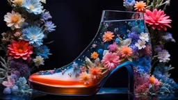 a close up of a glass shoe on a display, inspired by David LaChapelle, glass flowers, high quality product image , coral reef, flora and fauna, cosmic nebula, dark background christian dior style, with frozen flowers around her, stunning-design, beutifull, side profile artwork, glass paint, multicoloured, displayed, backlight