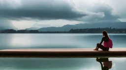 Woman sitting on a jetty with her feet in the water of the lake, in the background you can see a house of modern architecture that is reflected in the lake, the sky threatens storm