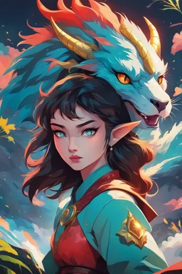 A dragon mixed with a mythical lion and a human female elf.Dramatic and powerful look and feel. Extensive attention to details. Bold lines. Vivid colors. 80s style retro anime art. Double exposure. cartoon style.