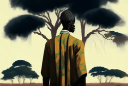 Design, African man, oil painting, featureless, graphic, drawing without facial features, background, sky, trees, traditional clothes