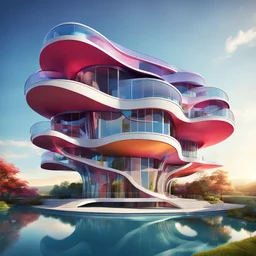 Abstract colorful bizarro mansion shaped like a weight scale, by Toyo Ito, photorealistic, dramatic stunning architecture, 3d Octane Render, surreal architecture, natural lighting