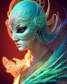 centered detailed venetian mask, vibrant peacock feathers, intricate, elegant, highly detailed, digital painting, artstation, smooth, sharp focus, illustration, illuminated lines, outrun, vaporware, intricate venetian patterns, cyberpunk darksynth, by audrey kawasaki and ilya kuvshinov and alphonse mucha