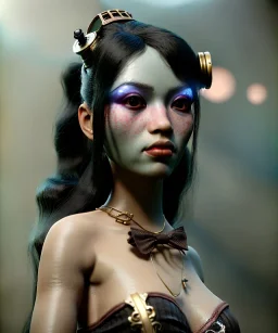 Ultra realistic, steampunk , , cabaret scene. Geisha Asian woman. alien people, smoke, happy, color fog, people background, highly detailed, concept art, unreal engine 5, god rays, ray tracing, RTX, lumen lighting, ultra detail, volumetric lighting, 3d, finely drawn, high definition, high resolution.