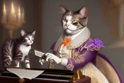 Mature cats dressed like _Wolfgang Amadeus Mozart_, paws, perfect iris, playing music, realistic, extremely accurate, delicate, extremely detailed, Graphic novel style, wide-angle, open aperture, superfine pencil