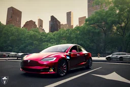 A Tesla 'Model Y' is parked, in 'Central Park' in New York City. (CINEMATIC, WIDE ANGLE LENS, PHOTO REAL)