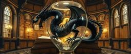 master oil painting by Escher and Giger, ancient library book obsidian black dragon inside huge transparent vase and gold, master 3d models