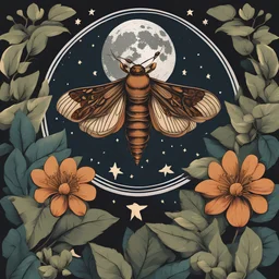 Best quality, masterpiece, ultra high res, detailed, illustration, design, flat vector style, high resolution, illustraTed, shadows and light, aesthetic, modern, ambient lighting, flat colors, vector illustration, moth, moon, leaves, stars, flowers, sailor jerry tattoo, old school tattoo