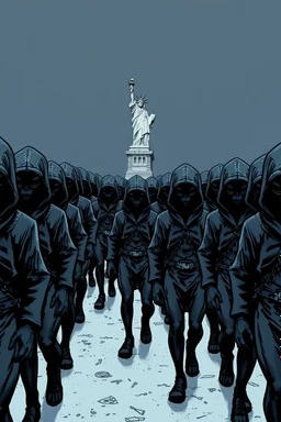 "A conceptual black-and- blue, digital illustration of a massive hooded aliens walking in the same direction, African slaves with chains , symbolizing conformity. Statue of Liberty in the background, The atmosphere feels lifeless and repetitive, emphasizing the ordinary mindset of the majority."