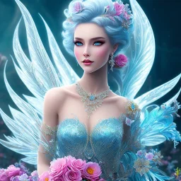 bright ice fairy, beautiful portrait, flowery landscape