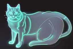 black background, outlines of a full-figure holographic cat, drawn from thin neon-coloured glowing lines