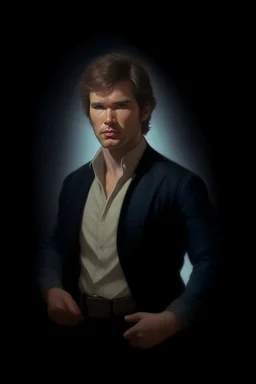 1970's dark fantasy cover dnd style oil painting of han solo with minimalist far perspective