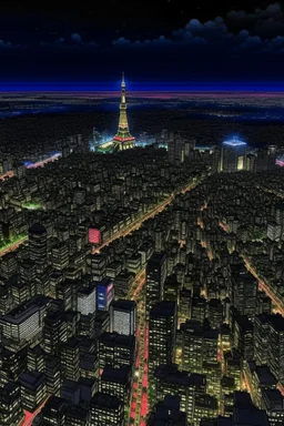 birds eye view of tokyo at nigh in the style of hiroku ogai