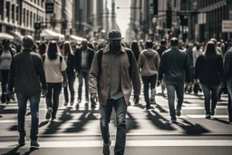 hombre caminando por el centro de una ciudad en pleno bullicio, con personas que vienen y van- Fotografía realizada con cámara Leica y objetivo 50 mm.