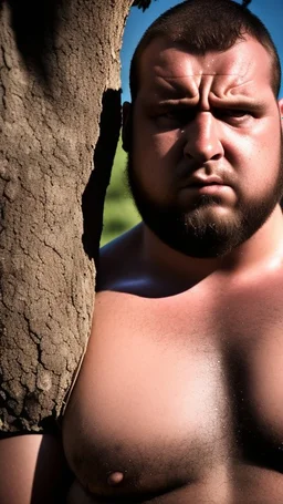 back portrait close up photography of a marocan ugly angry dirty burly stocky chubby farmer 31 years old, bullneck, strong arms, big belly, very sweat, long beard, very angry, angry eyes, near an olive tree , in the Italian countryside , September sun, ambient occlusion, DSLR, cinematic shot, hyper detailed photography, photorealistic, 50mm lens , strong side light, back view