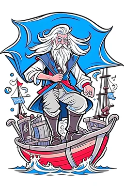 Dungeon's and dragons human pirate male with long white hair, pirate clothes, boots, an earring, on a pirate ship with the sea and flags on the background. Heroic pose, blue themed, black outline, cartoon