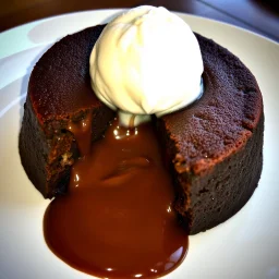 A decadent Molten Lava Cake, oozing with hot molten chocolate from its cracked center, elegantly presented on a plate with a dollop of creamy ice cream perched on top. This sumptuous dessert is depicted in a photograph, capturing the richness of its textures and colors. The luscious chocolate appears almost liquid, while the cake's exterior glistens with a hint of golden crust. The ice cream melts slightly, creating a tantalizing contrast of temperatures. The image exudes a sense of indulgence a