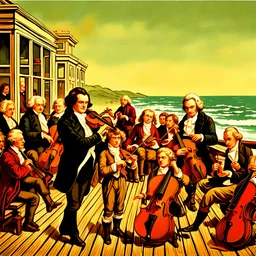 Ludwig van Beethoven, Johannes Brahms, Wolfgang Amadeus Mozart, Antonin Dubzek and Johann Sebastian Bach stand on the boardwalk on the beach in San Francisco and play violins in front of children, men and women who sit on the floor and listen to them,