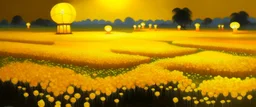 A yellow field with glowing lanterns painted by Zhang Lu