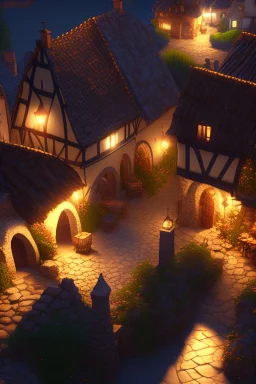 Small medieval village by night extremely detailed high definition crisp quality Unreal Engine VRay