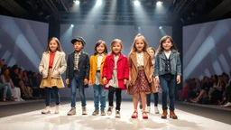 a luxury fashion show of 6-8 old years children showing modern clothing