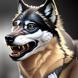 Ultra realistic cg rendering of Jet black wolf with gold eyes and saliva dripping from canine teeth