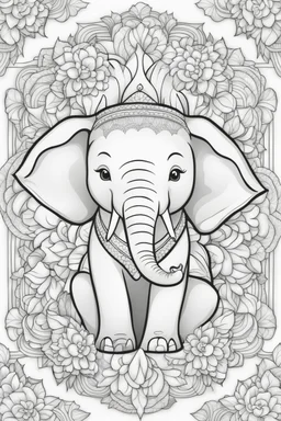 Stress Relief themed coloring page for adult, cartoon style, thick outline, No details, No shading, No colors, no background, black outline only, A cute zen elephant surrounded by calming mandala patterns and lotus flowers