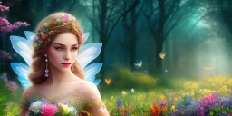 bright fairy, beautiful portrait, flowery landscape