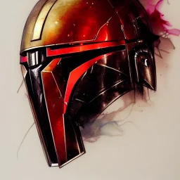 photorealistic the mandalorian helmet, illustration by <agnes cecile> <Yoji Shinkawa>, ornate and intricate details , soft smooth lighting, blood red and gold color, concept art