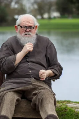 1000-year-old old English man, wise face ,glasses, cynical look, yellow mustache, eyes expressing wisdom, white beard, wrinkled cheeks, precise details, pants with slacks, sitting on a bench in the garden, in the background of a lake with swans, outdoor shot, cinematic, UHD. 20K, 300 DPI