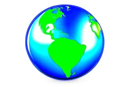 play button in the middle of the globe, blue and green