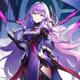 Clear focus,High resolution,High quality, Smiling, Purple long fluffy hair, Green eyes, Wearing a pink mech uniform, Honkai Impact Star Rail