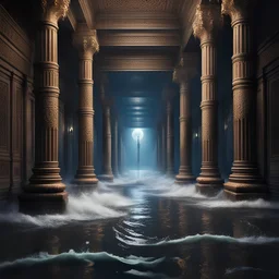 Hyper Realistic huge wave splashes & flood water inside a huge dark Palace hallway with traditional Indian pillars at night