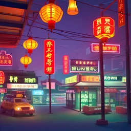 cute isometric china town, cutaway box, traditional, night lights, neon sign, hanging lanterns, electric posts with lamps, old taxis. highly detailed, made with blender, promotional brochure