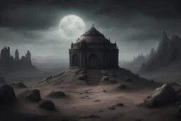 dark creepy fantasy mausoleum in the distance on top a barren rocky hill