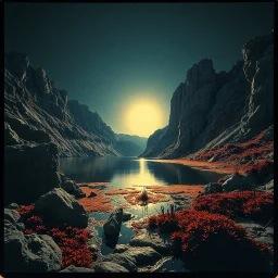 Sublime foto close-up polaroid ad alta definizione di una montagna rocciosa, un lago, surreale, colors, cityscape scifi, collage art, dadaism, sublime, splimapys nero, cielo nero, acqua nera riflette un sole nero, macabre piante circondano il lago, alghe, hypermaximalist, Max Ernst style, strangeness, intricate, hypnotic, obsessive, Yves Tanguy, 8k, deep 3d field, very accentuated details of the rocks and sht frn, eerie, artistic photo, shot on Hasselblad, large format film, medium format film