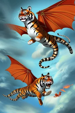 A flying tiger with wings is fighting with a dragon.