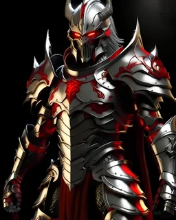 silver metal demon armor with crimson and gold highlights, glowing red eyes, long crimson cape, crimson hair out of the helmet